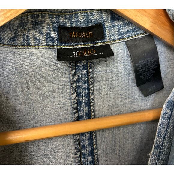 Ratio Liz Claiborne Denim Stretch‎ Shirt Medium Button Front Short Sleeve - Picture 7 of 7